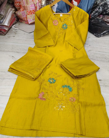 Mustard Embroidered Cotton Kurta Pant Dupatta Set