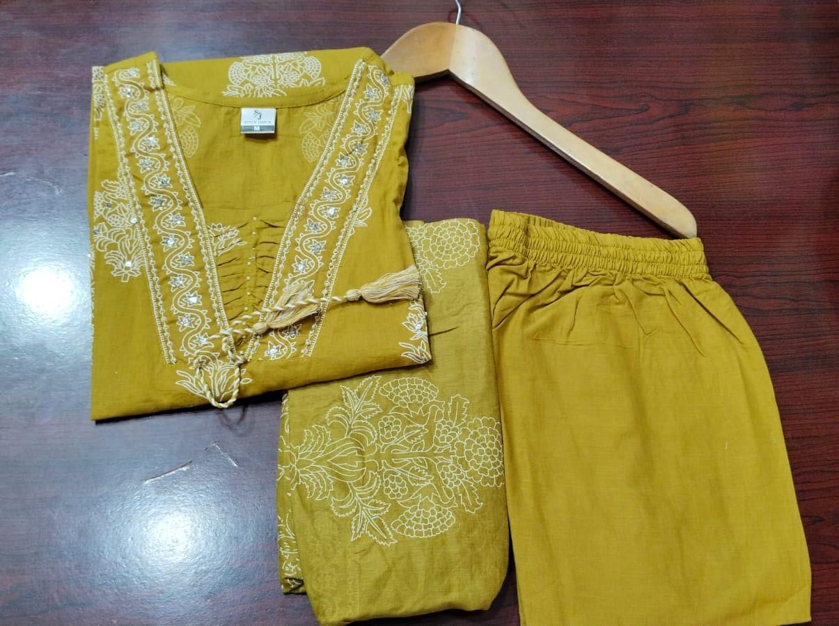 Mustard Handwork Cotton Kurta Pant Dupatta Set