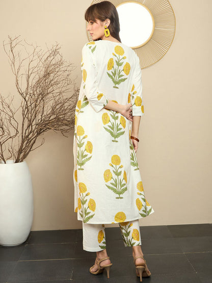 White Yellow Floral Printed Cotton Kurta Pant Set