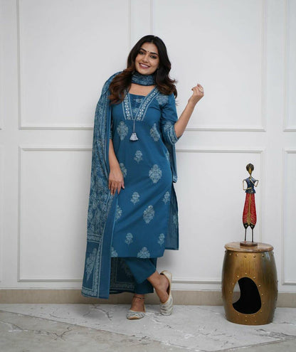 Teal Blue Handwork Cotton Kurta Pant Dupatta Set