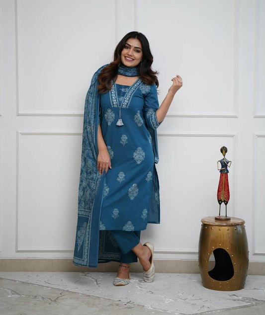 Teal Blue Handwork Cotton Kurta Pant Dupatta Set