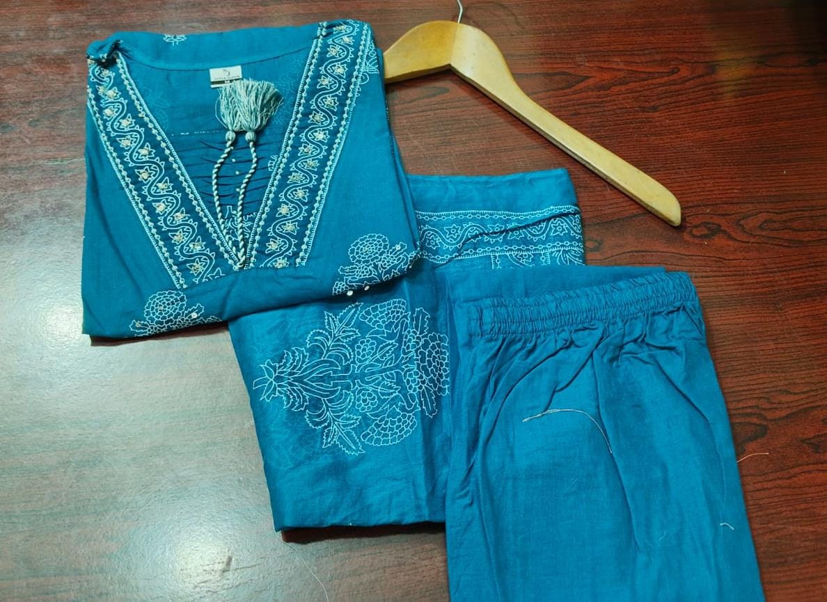 Teal Blue Handwork Cotton Kurta Pant Dupatta Set