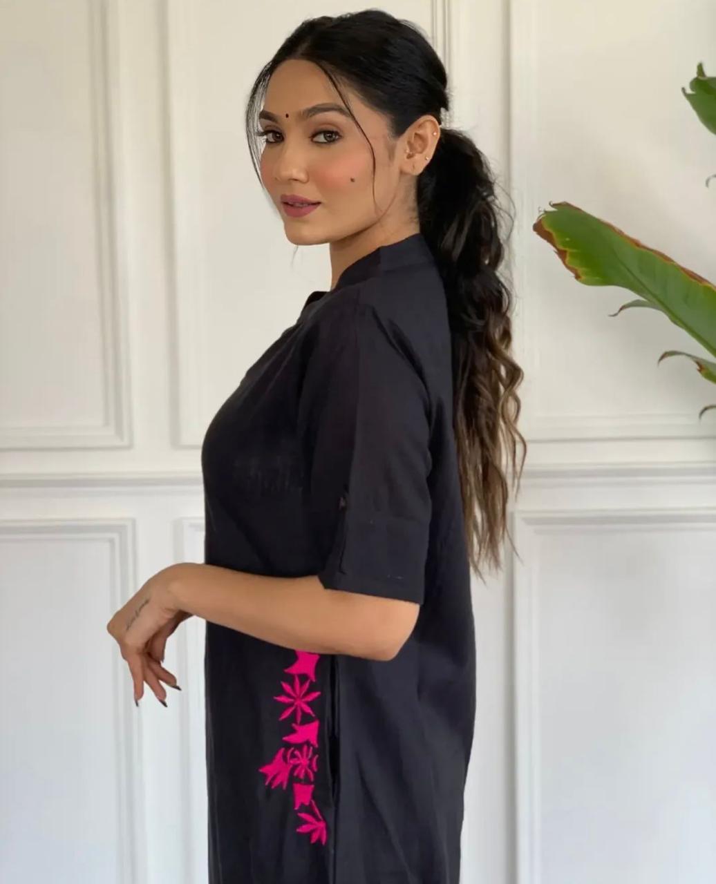 Black Embroidery Cotton Kurta And Palazzo Set For Women