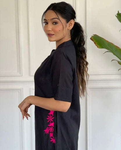 Black Embroidery Cotton Kurta And Palazzo Set For Women