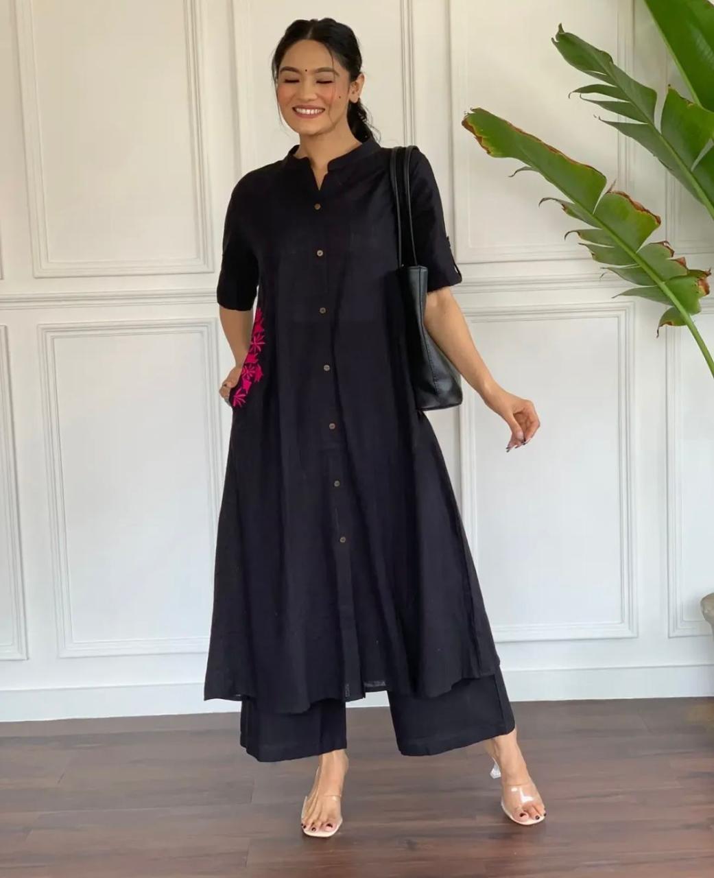 Black Embroidery Cotton Kurta And Palazzo Set For Women