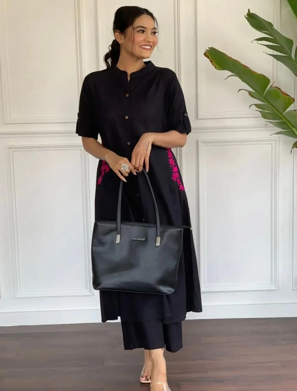Black Embroidery Cotton Kurta And Palazzo Set For Women