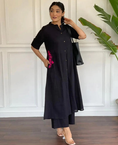 Black Embroidery Cotton Kurta And Palazzo Set For Women