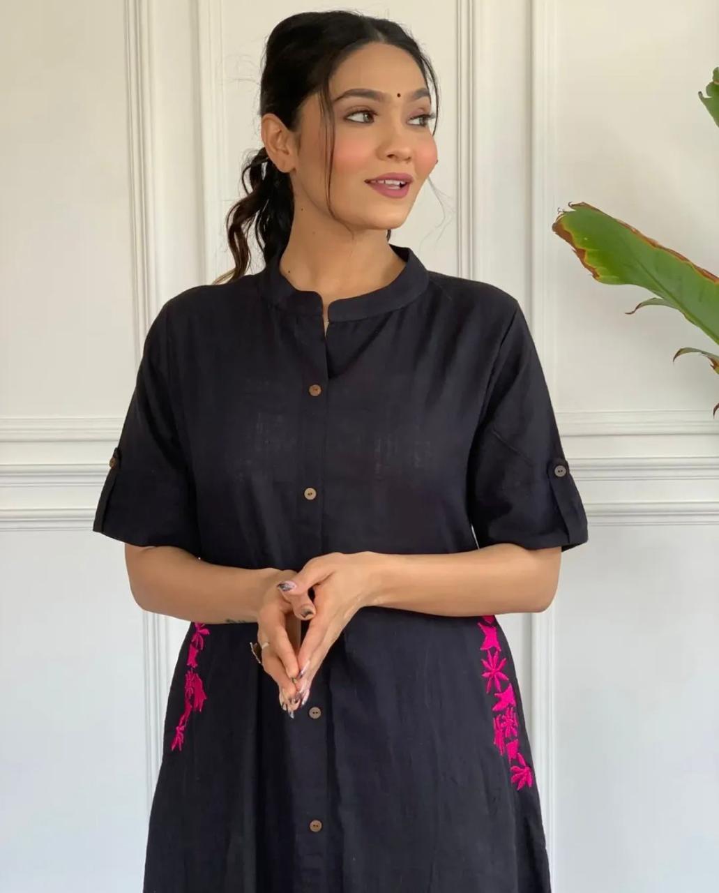Black Embroidery Cotton Kurta And Palazzo Set For Women
