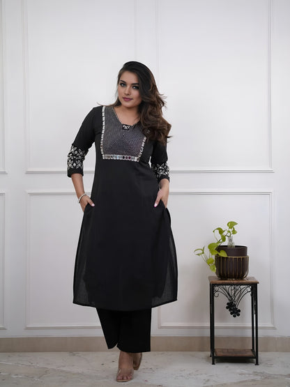 Black Embroidery Cotton Kurta And Pant Set For Women