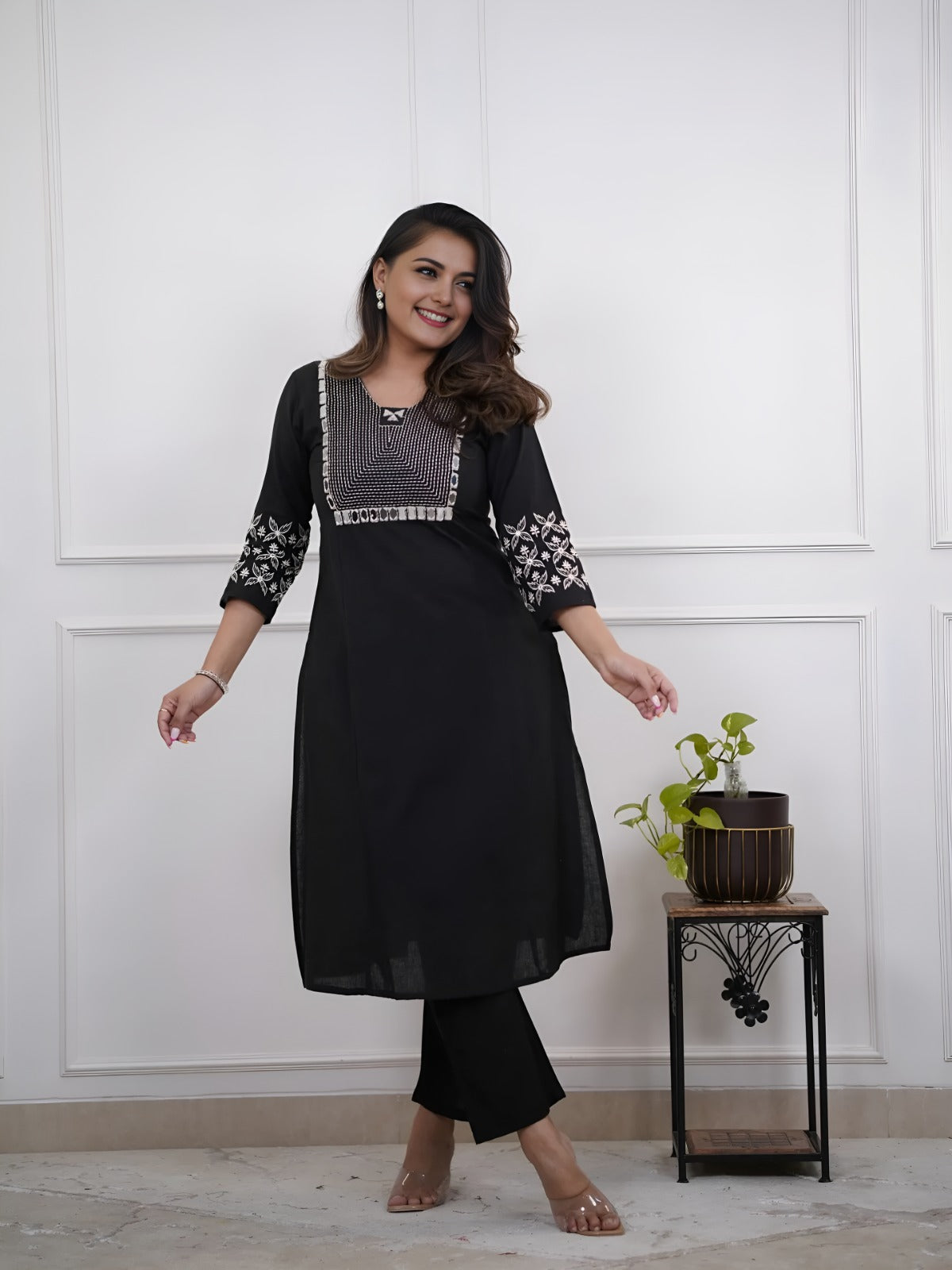 Black Embroidery Cotton Kurta And Pant Set For Women