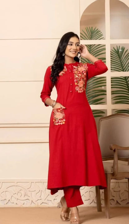 Red Breathable Kurta Pant Sets For Women