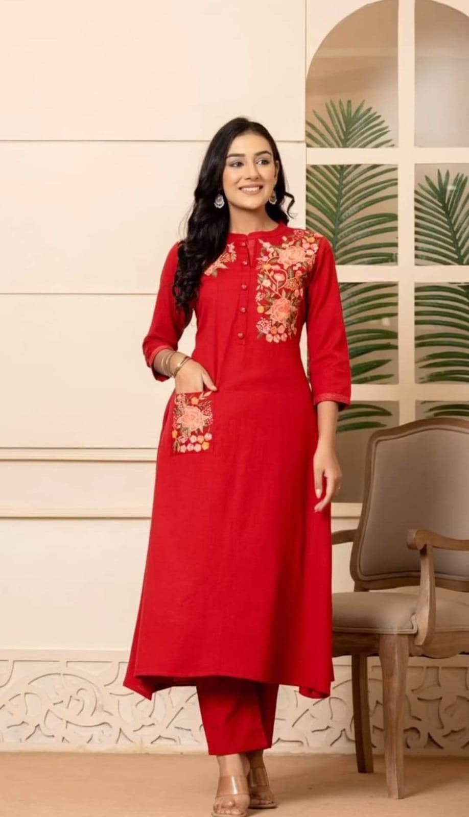 Red Breathable Kurta Pant Sets For Women