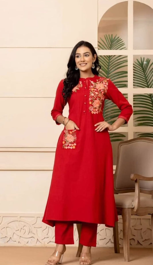 Red Breathable Kurta Pant Sets For Women