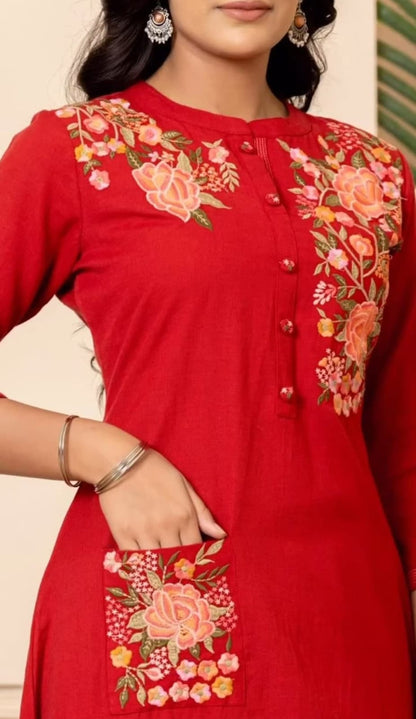 Red Breathable Kurta Pant Sets For Women