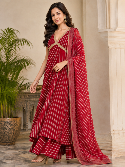 Women’s Red Leheriya Printed Cotton Gown with Cotton Lining