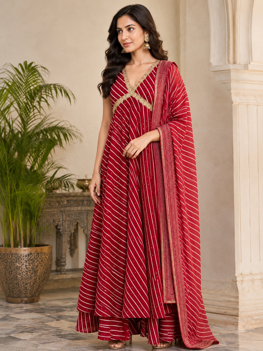 Women’s Red Leheriya Printed Cotton Gown with Cotton Lining