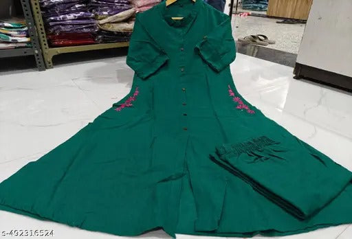 Green Embroidery Cotton Kurta And Palazzo Set For Women