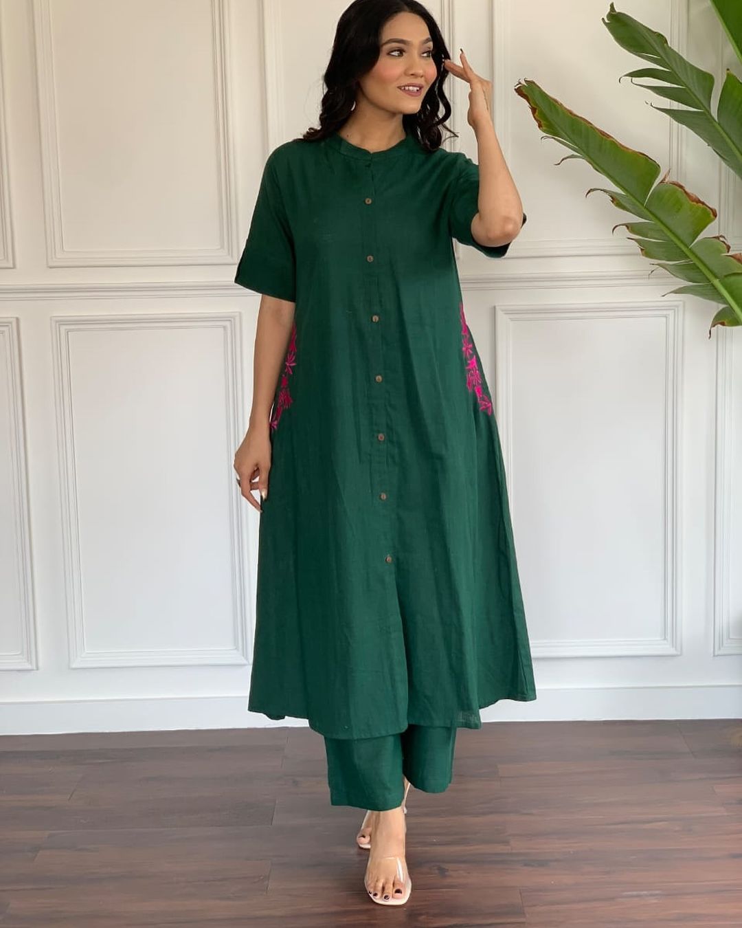 Green Embroidery Cotton Kurta And Palazzo Set For Women