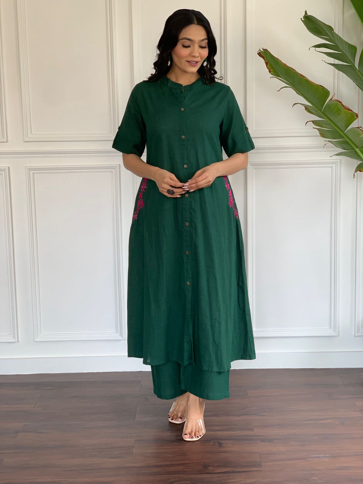 Green Embroidery Cotton Kurta And Palazzo Set For Women