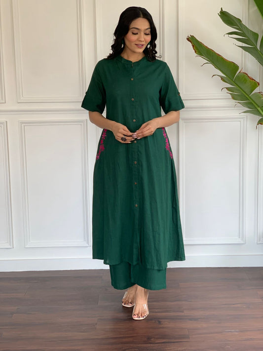 Green Embroidery Cotton Kurta And Palazzo Set For Women