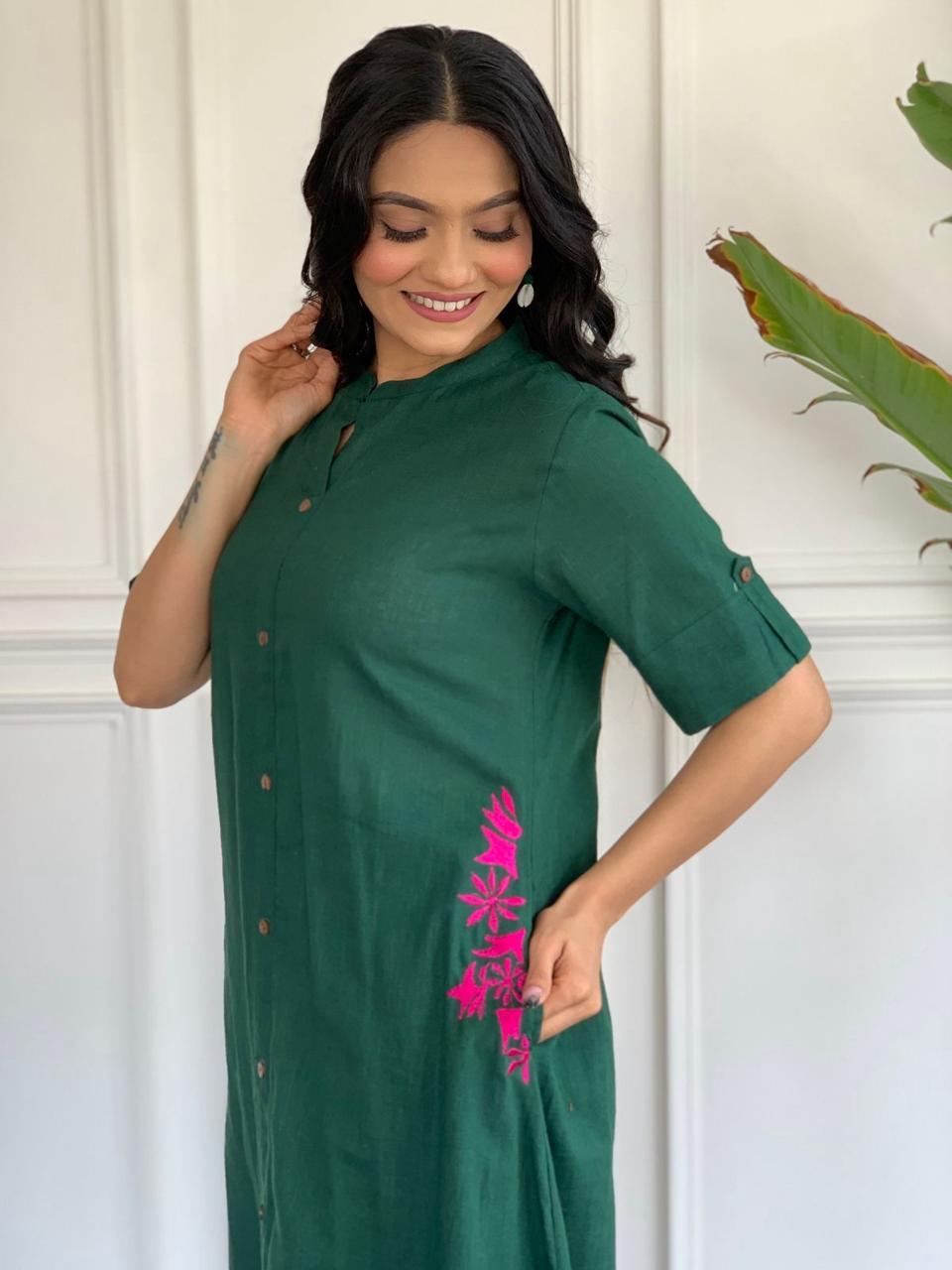 Green Embroidery Cotton Kurta And Palazzo Set For Women