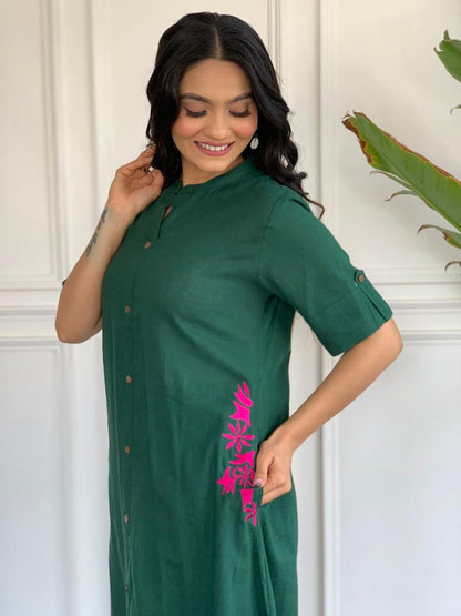Green Embroidery Cotton Kurta And Palazzo Set For Women