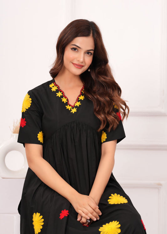 Black Effortless Elegance Soft Cotton Kurti With Subtle Embroidery For Women