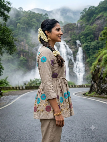 Grey Embroidered Cotton Peplum Kurta