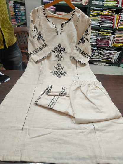 White Embroidery South Cotton Kurta And Pant Set For Women