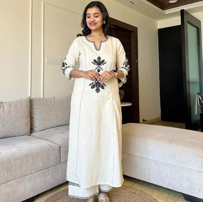 White Embroidery South Cotton Kurta And Pant Set For Women