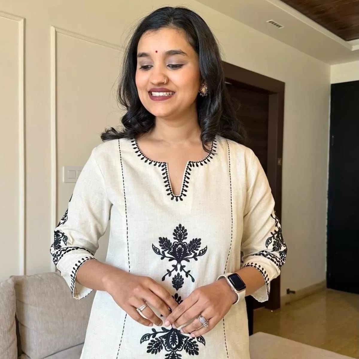 White Embroidery South Cotton Kurta And Pant Set For Women