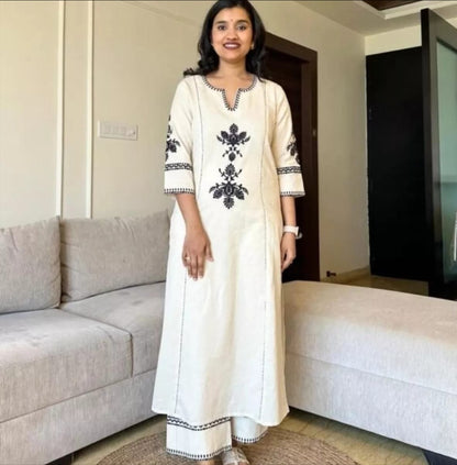 White Embroidery South Cotton Kurta And Pant Set For Women