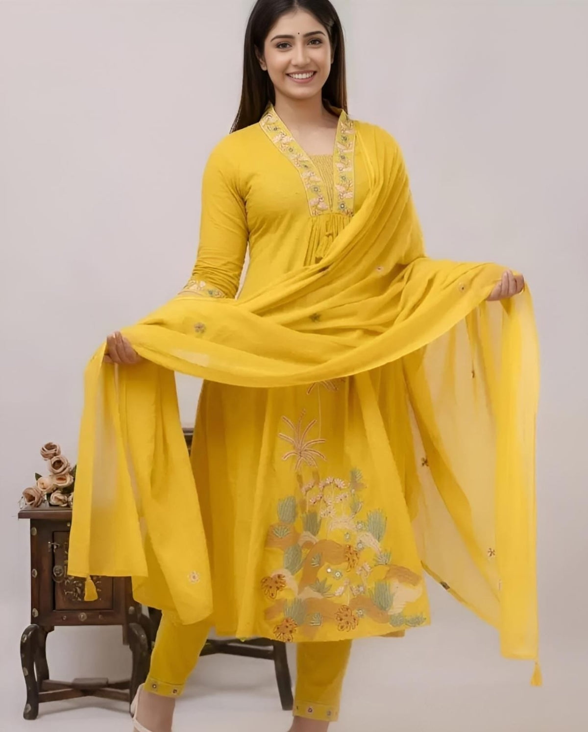 Women Attractive Embroidred Cotton Yellow Kurta With Pant and Dupatta