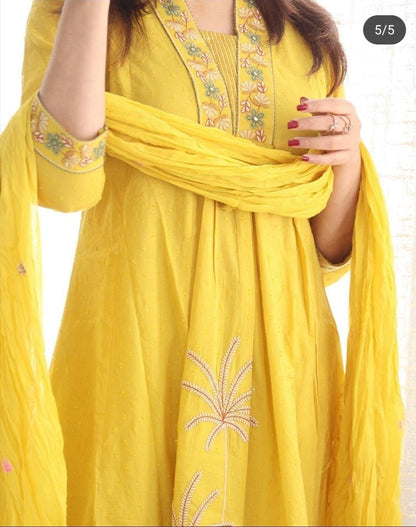Women Attractive Embroidred Cotton Yellow Kurta With Pant and Dupatta