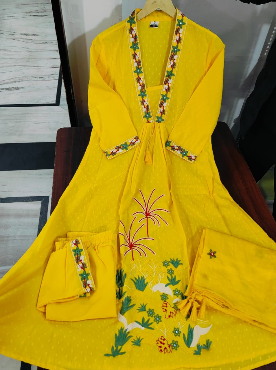 Women Attractive Embroidred Cotton Yellow Kurta With Pant and Dupatta