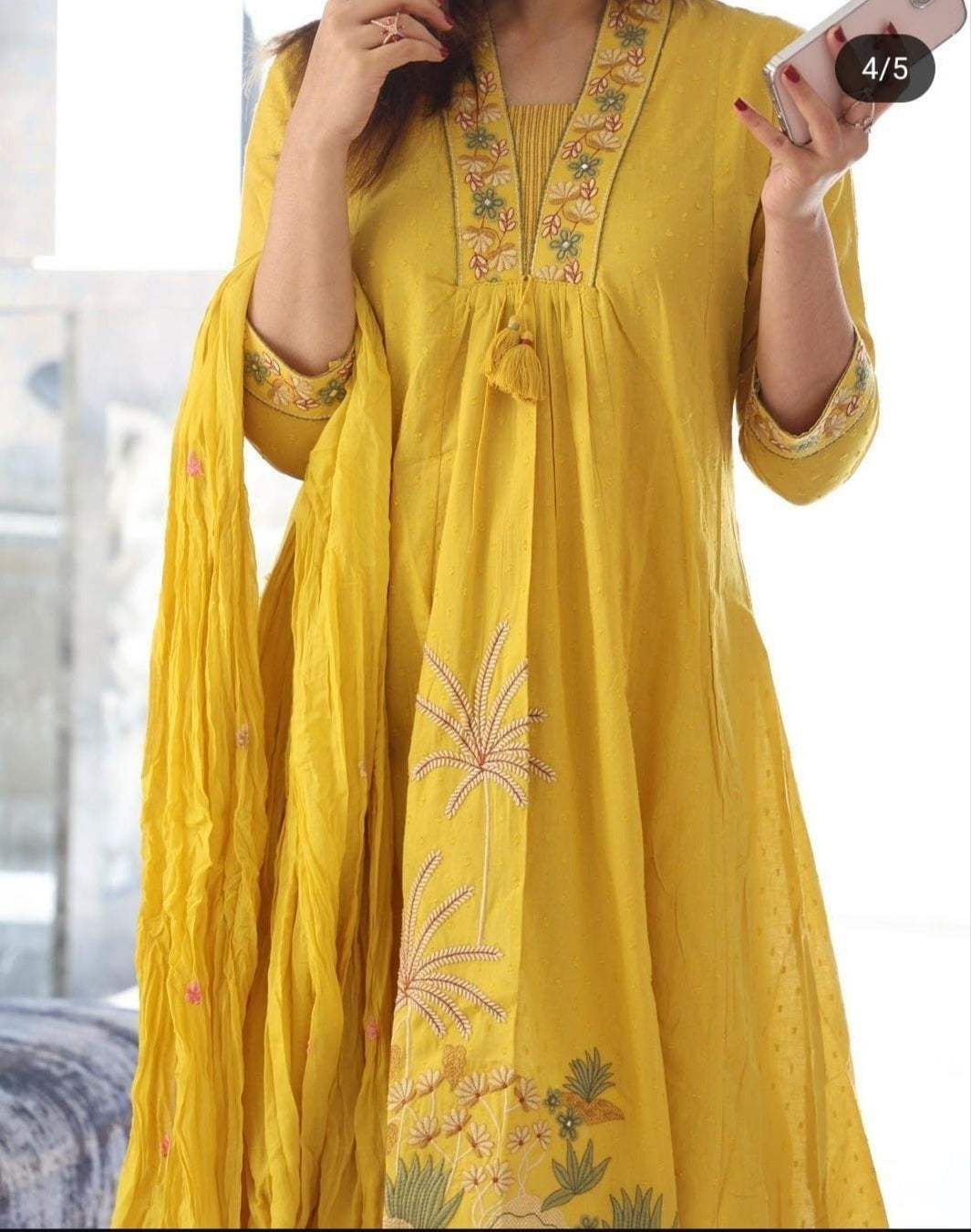 Women Attractive Embroidred Cotton Yellow Kurta With Pant and Dupatta