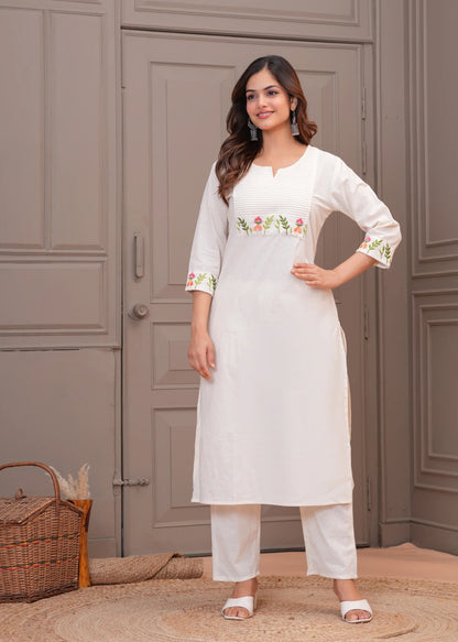 Off White Embroidery Cotton Kurta And Pant Set For Women