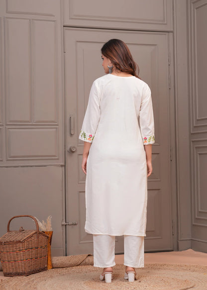 Off White Embroidery Cotton Kurta And Pant Set For Women
