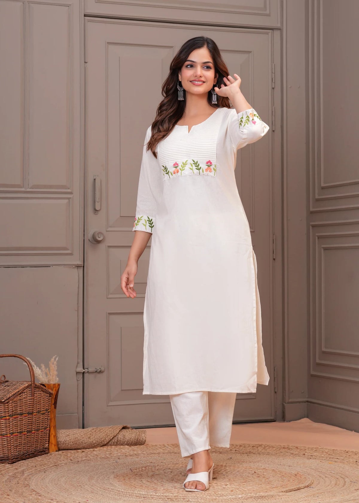 Off White Embroidery Cotton Kurta And Pant Set For Women