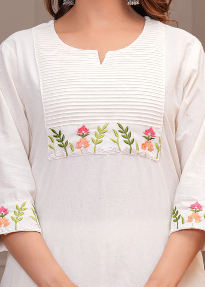 Off White Embroidery Cotton Kurta And Pant Set For Women