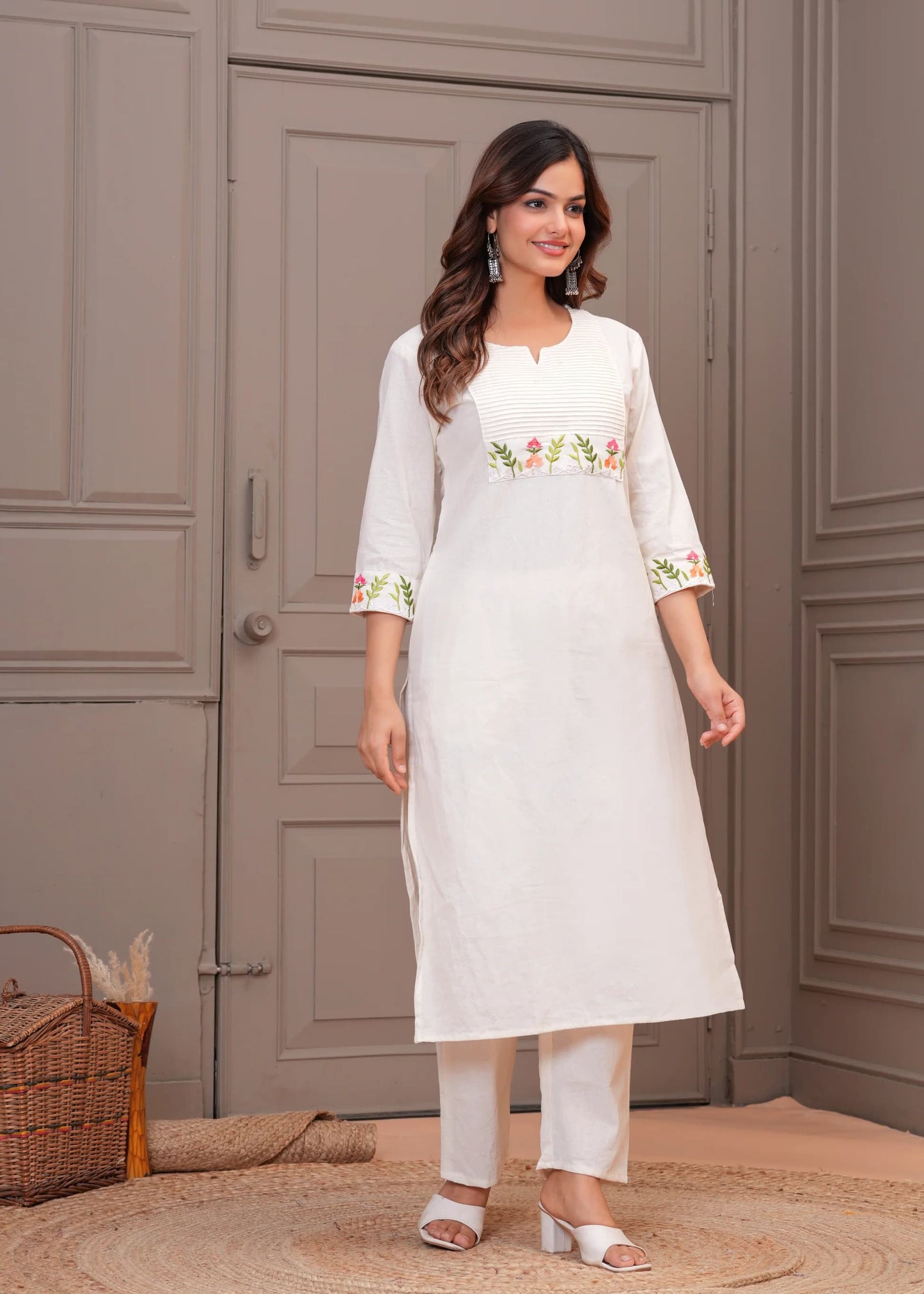 Off White Embroidery Cotton Kurta And Pant Set For Women
