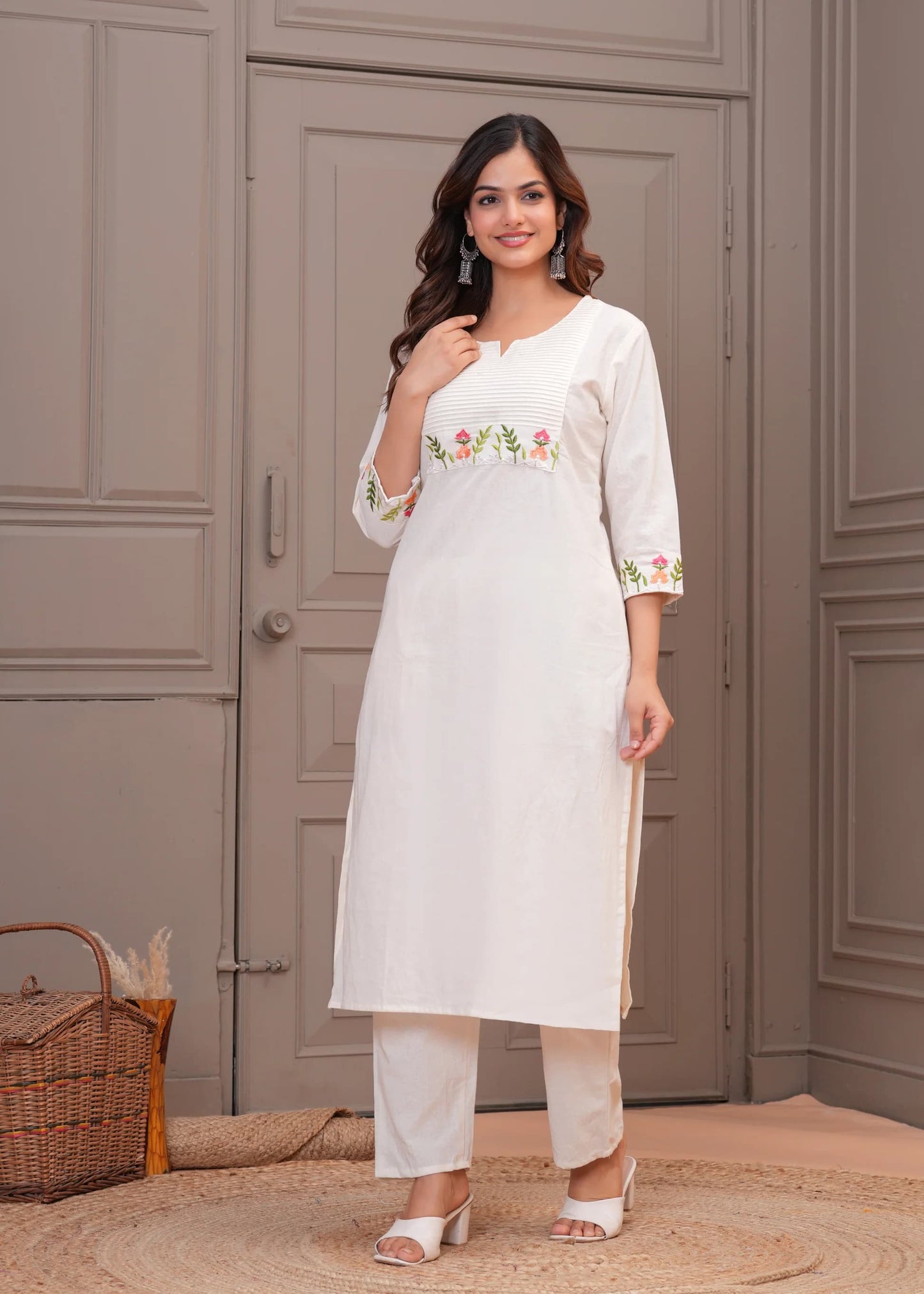 Off White Embroidery Cotton Kurta And Pant Set For Women