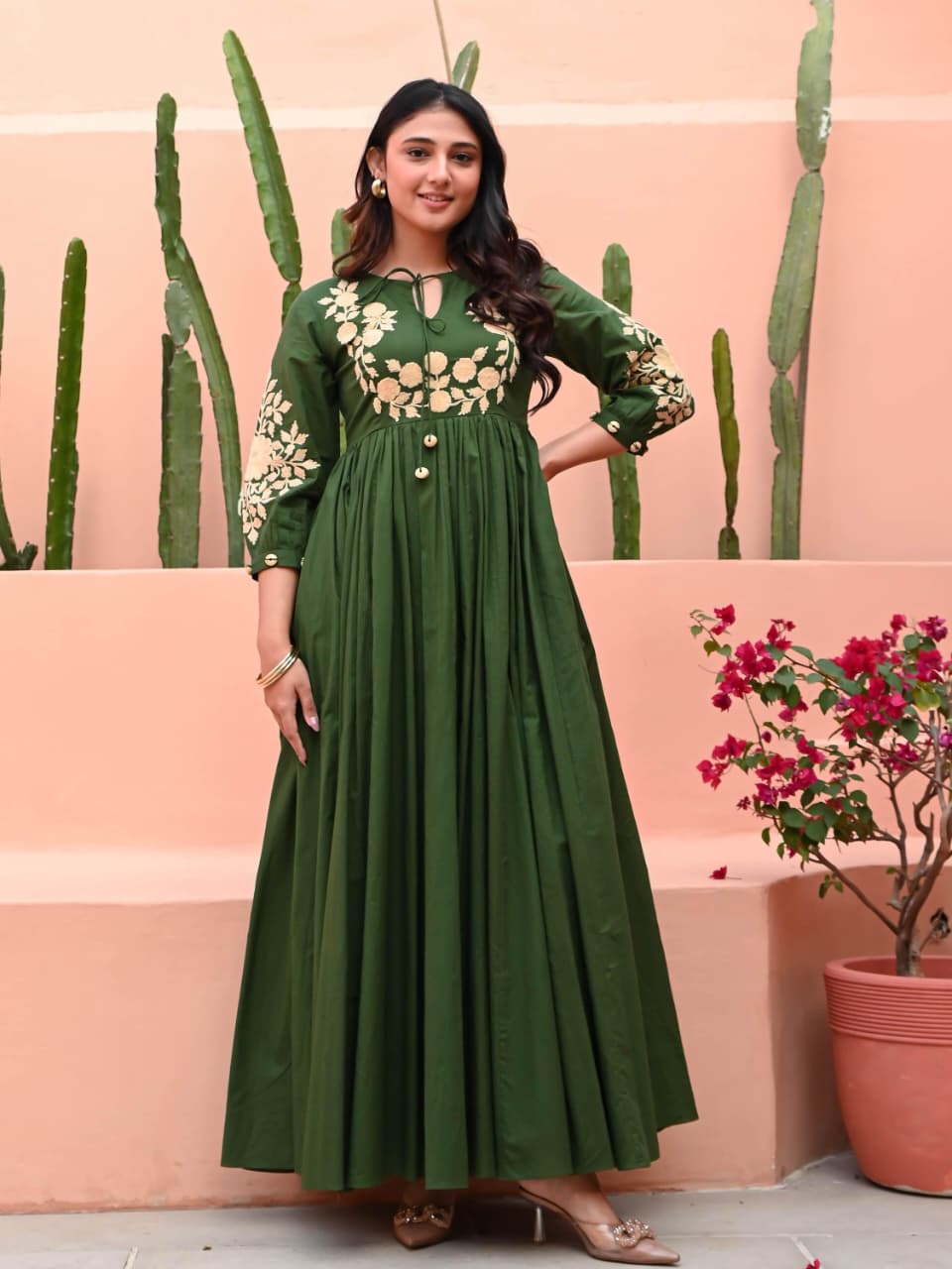 Green Hand Embroidery Cotton Anarkali Gown For Women