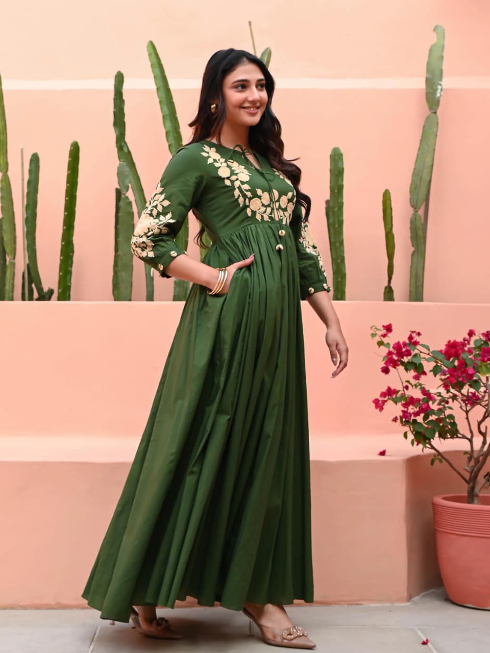 Green Hand Embroidery Cotton Anarkali Gown For Women