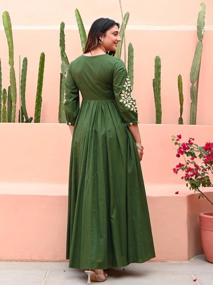 Green Hand Embroidery Cotton Anarkali Gown For Women