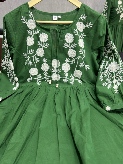 Green Hand Embroidery Cotton Anarkali Gown For Women