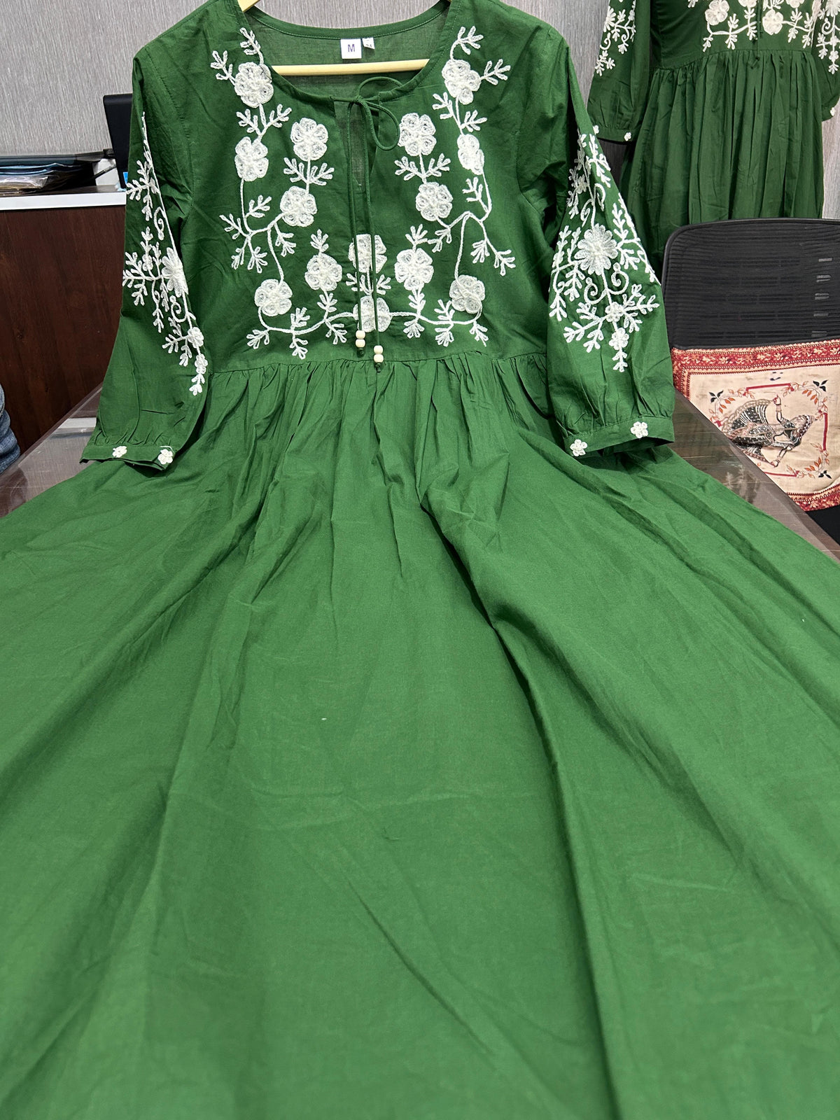 Green Hand Embroidery Cotton Anarkali Gown For Women