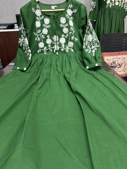 Green Hand Embroidery Cotton Anarkali Gown For Women