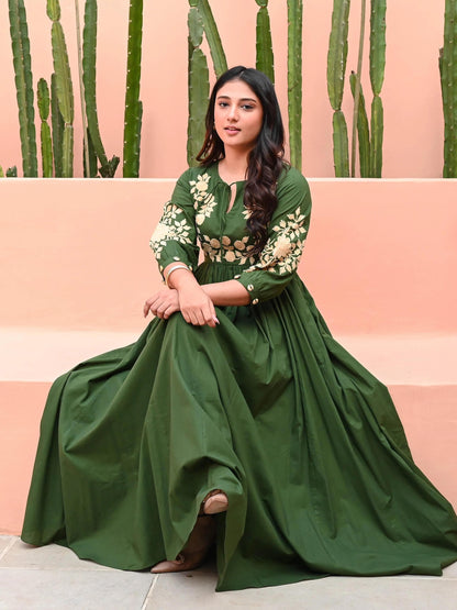 Green Hand Embroidery Cotton Anarkali Gown For Women
