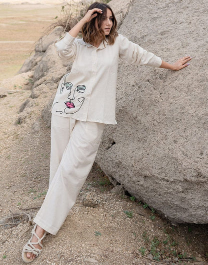 White Breathable & Chic Brush Printed Co-Ord Sets For Women